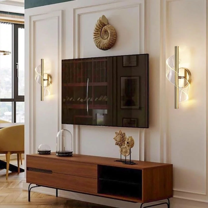 arandela led dourada, arandela espiral, luminária parede moderna, arandela nórdica, luz decorativa parede, arandela led 110 220v, arandela acrílico ondas, luminária dourada moderna, arandela para sala quarto, iluminação nórdica