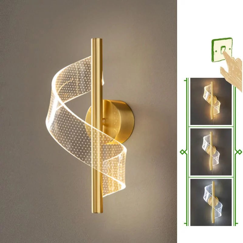 arandela led dourada, arandela espiral, luminária parede moderna, arandela nórdica, luz decorativa parede, arandela led 110 220v, arandela acrílico ondas, luminária dourada moderna, arandela para sala quarto, iluminação nórdica