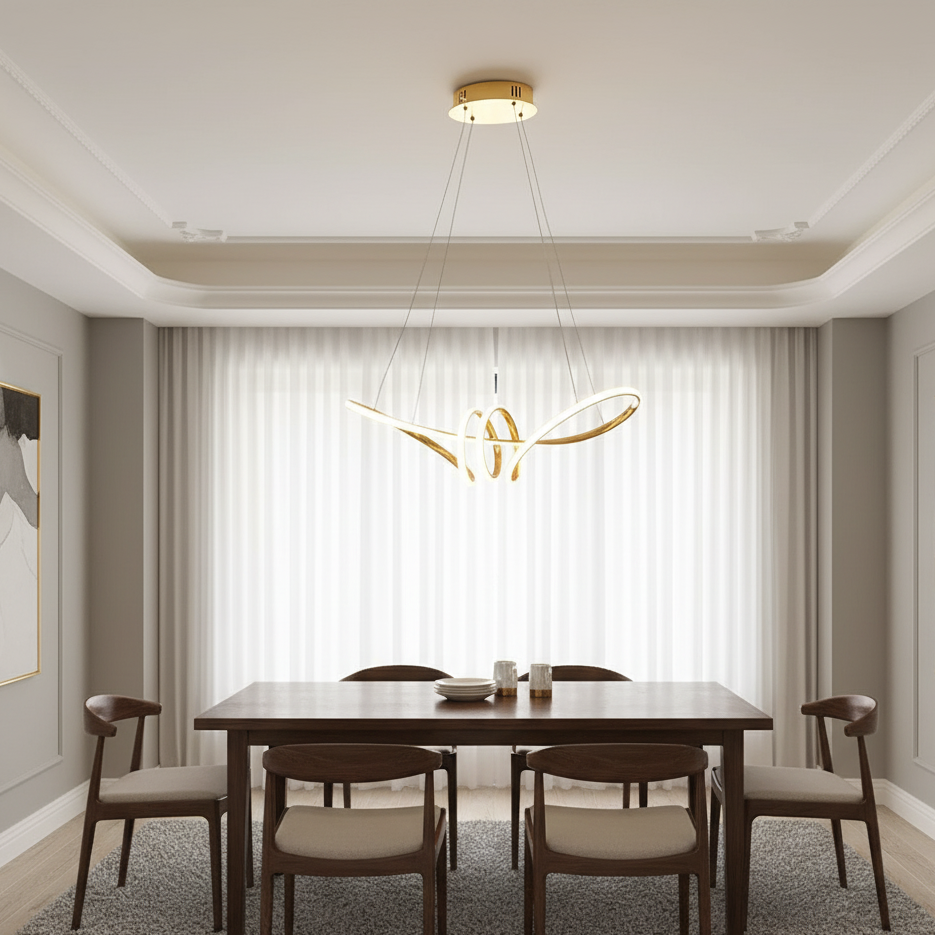 lustre moderno,pendente infinito,lustre led dourado,pendente decorativo,lustre nó dourado,luminária de teto moderna,pendente sala de jantar,lustre 3 cores