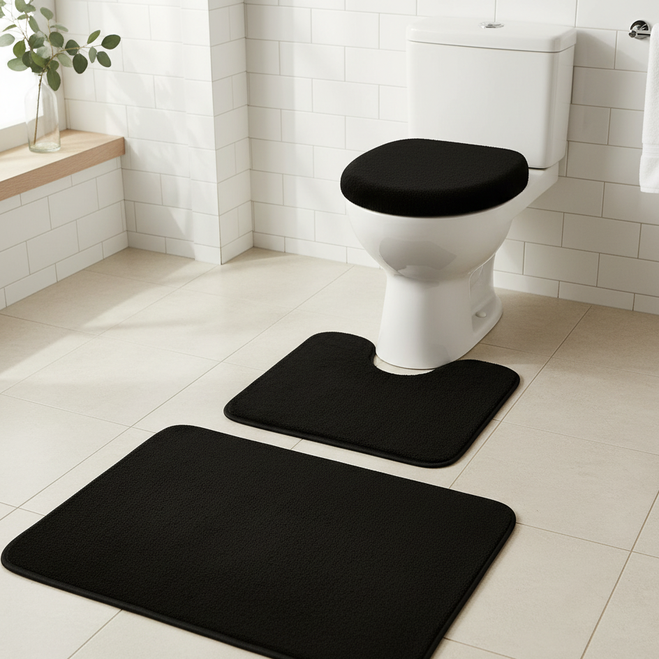 tapete banheiro 3 peças, jogo tapetes algodão, tapete antiderrapante banheiro, kit banheiro pelúcia, tapete para vaso sanitário, tapete saída de banho, conjunto tapetes banheiro preto cinza rosa, tapete pelúcia macio, jogo banheiro clássico, tapete antiderrapante premium
