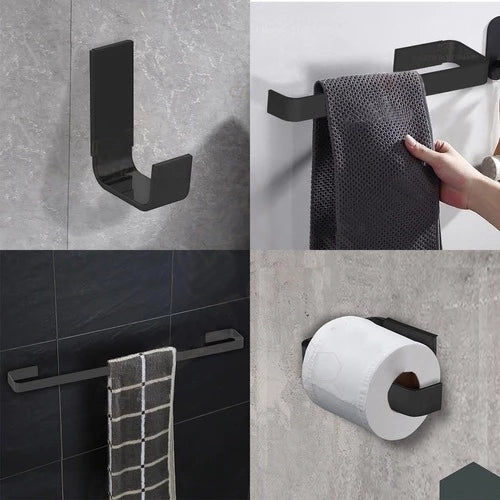 kit banheiro preto, kit acessorios banheiro, acessorios banheiro preto fosco, kit banheiro luxo, kit banheiro aluminio, porta toalha banheiro preto, papeleira preta, gancho banheiro preto, banheiro moderno, banheiro minimalista, conjunto banheiro preto, acessorios banheiro quadrado, kit banheiro 4 pecas