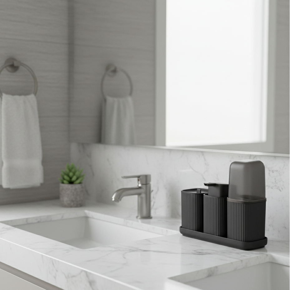 kit banheiro, kit banheiro 4 peças, conjunto banheiro, kit higiene banheiro, porta escova banheiro, saboneteira liquida banheiro, porta algodao banheiro, bandeja banheiro, organizador banheiro, acessorios para banheiro, kit banheiro plastico, kit lavabo, organizacao banheiro, banheiro moderno, kit banheiro usual