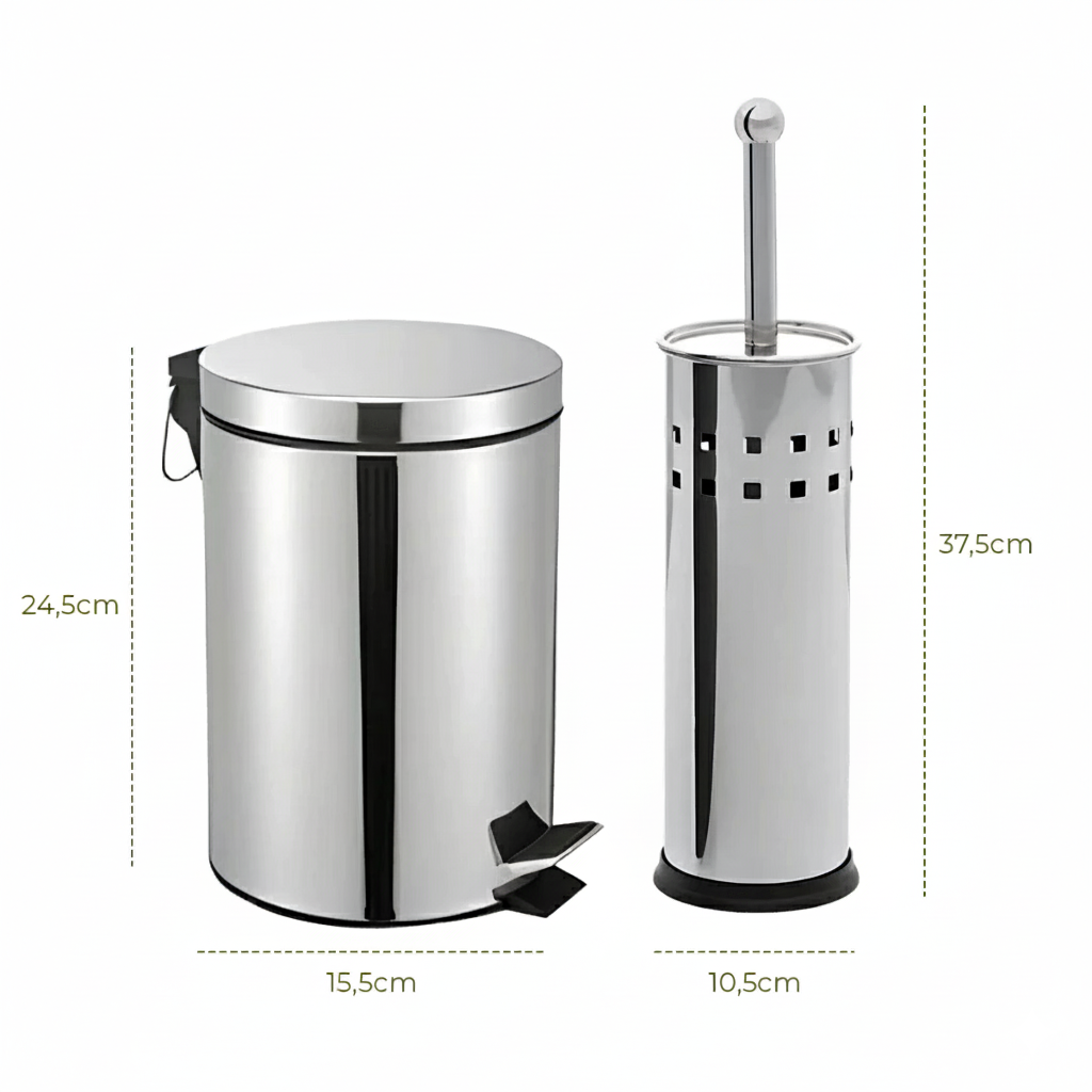 kit banheiro inox, lixeira inox banheiro, escova sanitaria inox, kit banheiro luxo, lixeira 3l inox, acessorios banheiro inox, kit lavabo inox, banheiro moderno, banheiro sofisticado, lixeira com pedal inox, kit higiene banheiro