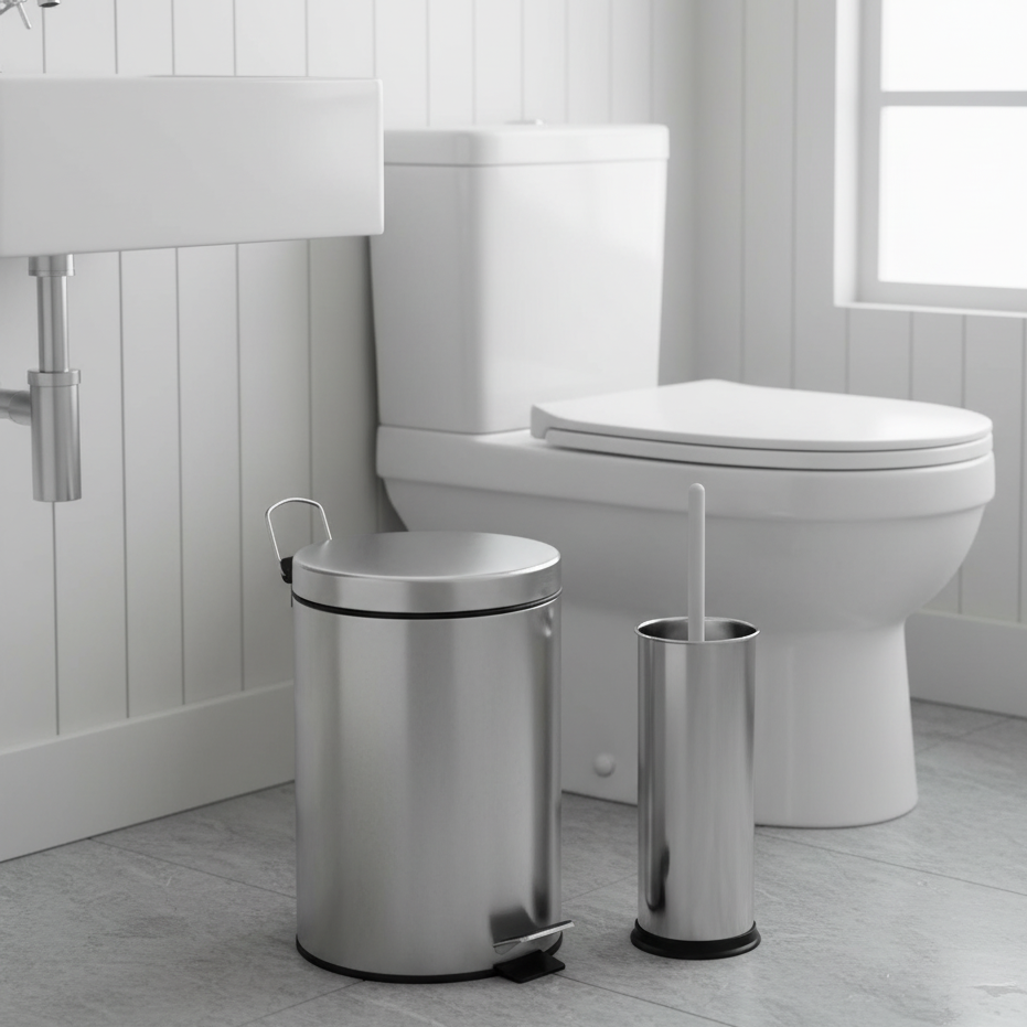 kit banheiro inox, lixeira inox banheiro, escova sanitaria inox, kit banheiro luxo, lixeira 3l inox, acessorios banheiro inox, kit lavabo inox, banheiro moderno, banheiro sofisticado, lixeira com pedal inox, kit higiene banheiro