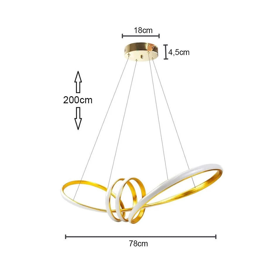 lustre moderno,pendente infinito,lustre led dourado,pendente decorativo,lustre nó dourado,luminária de teto moderna,pendente sala de jantar,lustre 3 cores