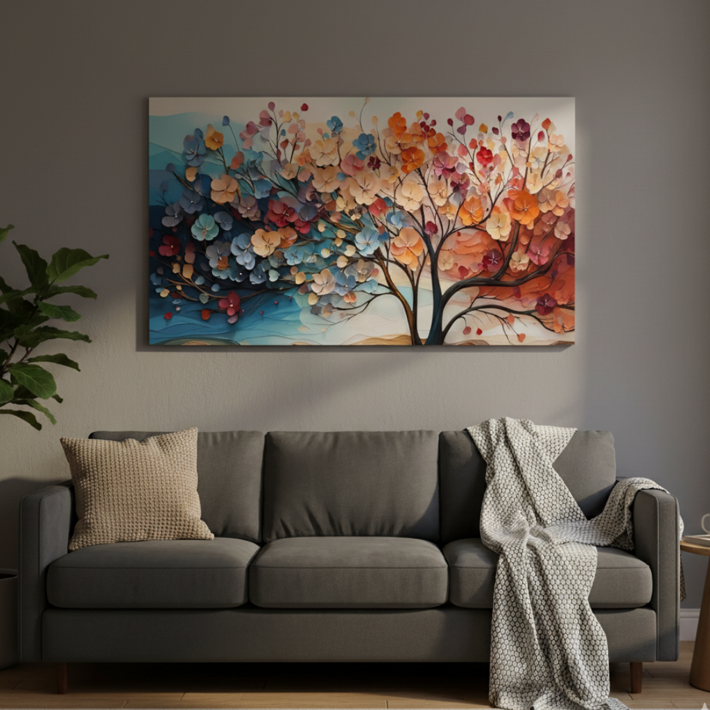 quadro árvore colorida, quadro abstrato, decoração moderna, arte colorida, quadro sala grande, quadro para hall, quadros mdf, quadro lançamento, arte contemporânea, quadro decorativo