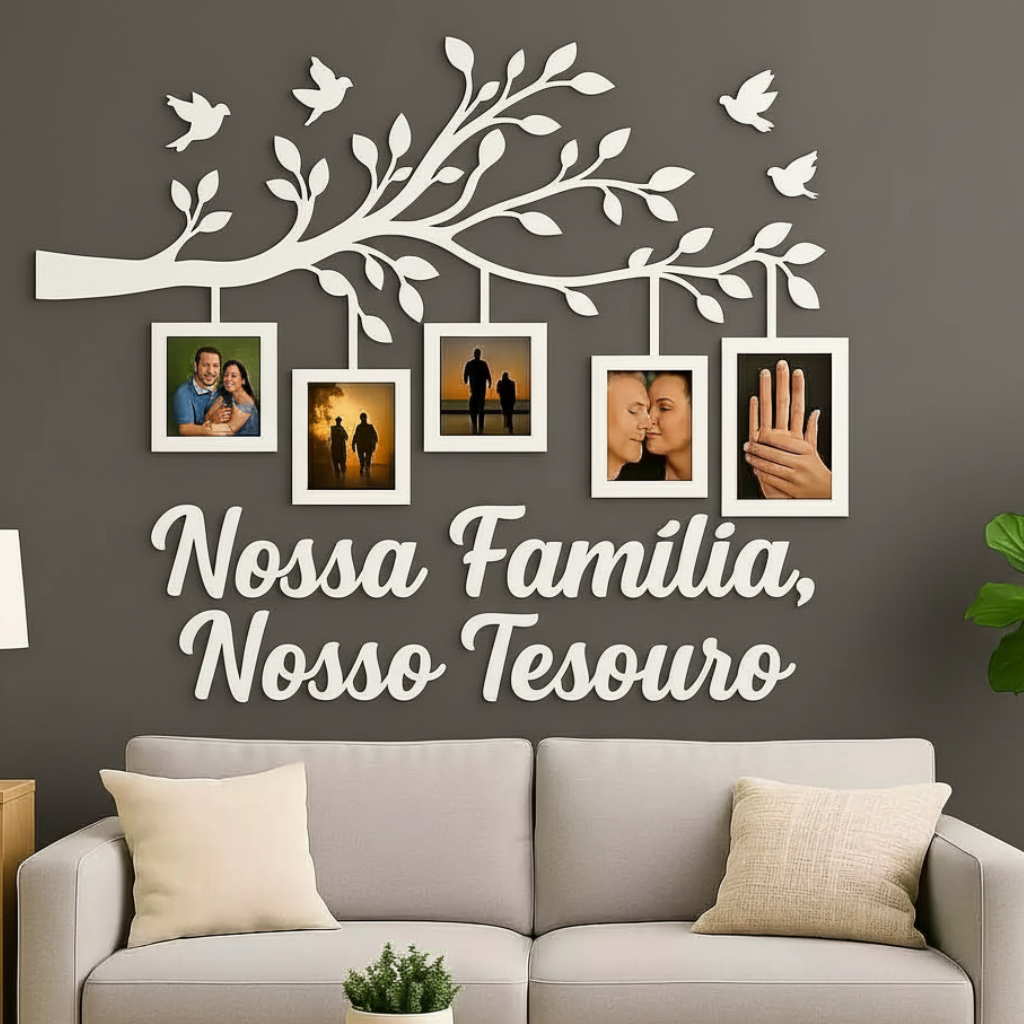 quadro família, quadro nossa família, árvore decorativa mdf, porta-retratos parede, quadro com molduras, decoração afetiva, quadro para sala, quadro 120x70, arte em mdf, decoração sentimental