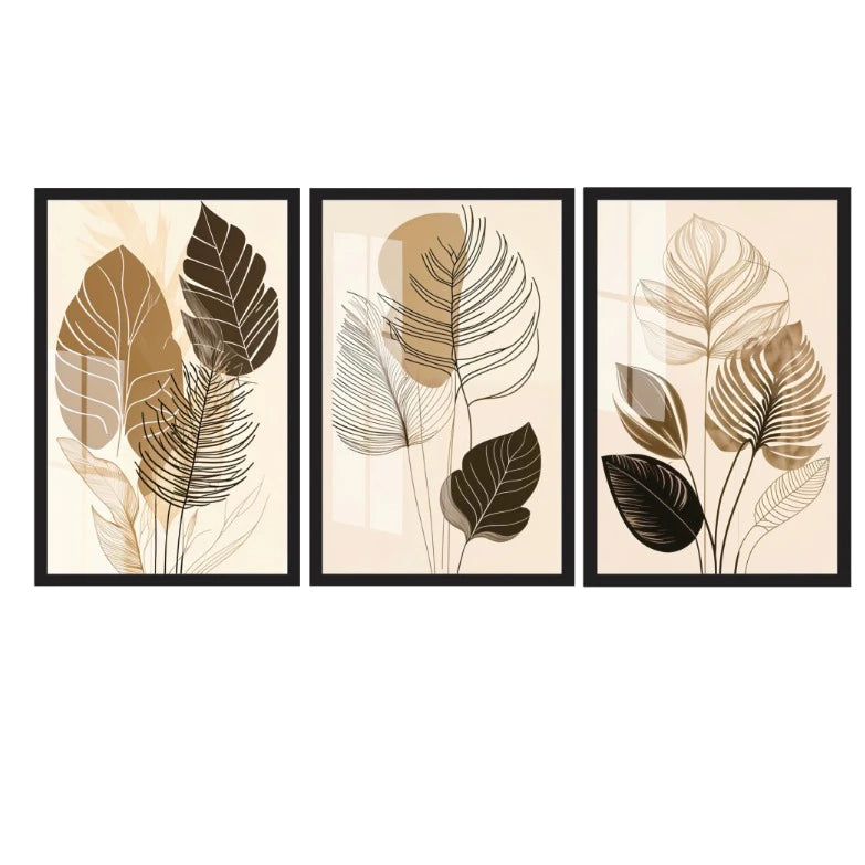 quadros decorativos, quadros folhagem, quadros neutros, kit 3 quadros, quadros modernos, decoração sala, decoração quarto, mosaico decorativo, quadros mdf, arte para parede