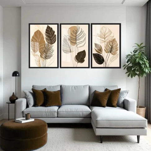 quadros decorativos, quadros folhagem, quadros neutros, kit 3 quadros, quadros modernos, decoração sala, decoração quarto, mosaico decorativo, quadros mdf, arte para parede