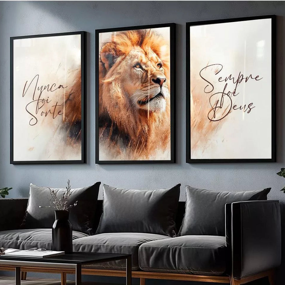 quadros decorativos, quadro leão, quadro religioso moderno, nunca foi sorte, sempre foi deus, quadros sala, quadros quarto, kit quadros 3 peças, decoração moderna, quadro mdf