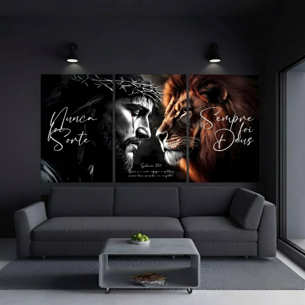 quadro salmo 23, quadro jesus, leão de judá, nunca foi sorte, sempre foi deus, quadros religiosos, kit 3 quadros, quadro 120x60, decoração espiritual, arte cristã