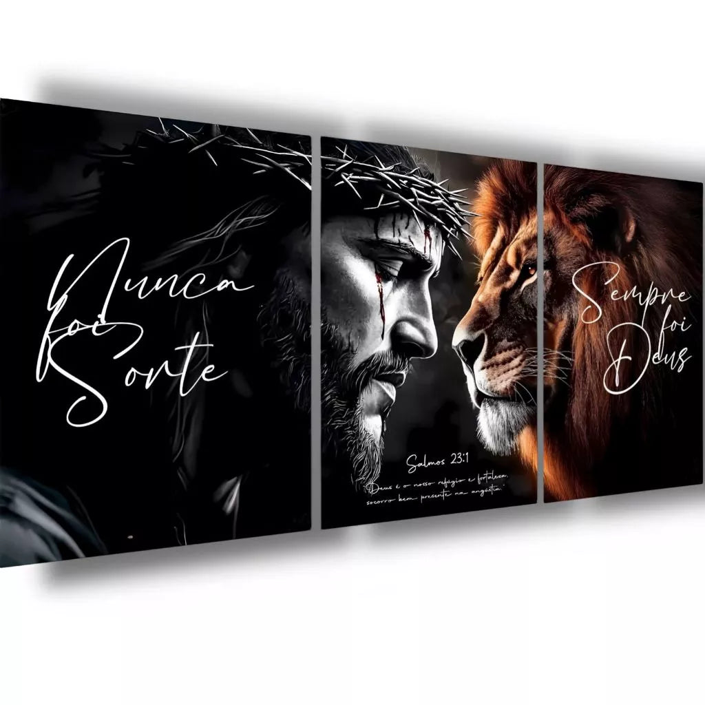 quadro salmo 23, quadro jesus, leão de judá, nunca foi sorte, sempre foi deus, quadros religiosos, kit 3 quadros, quadro 120x60, decoração espiritual, arte cristã