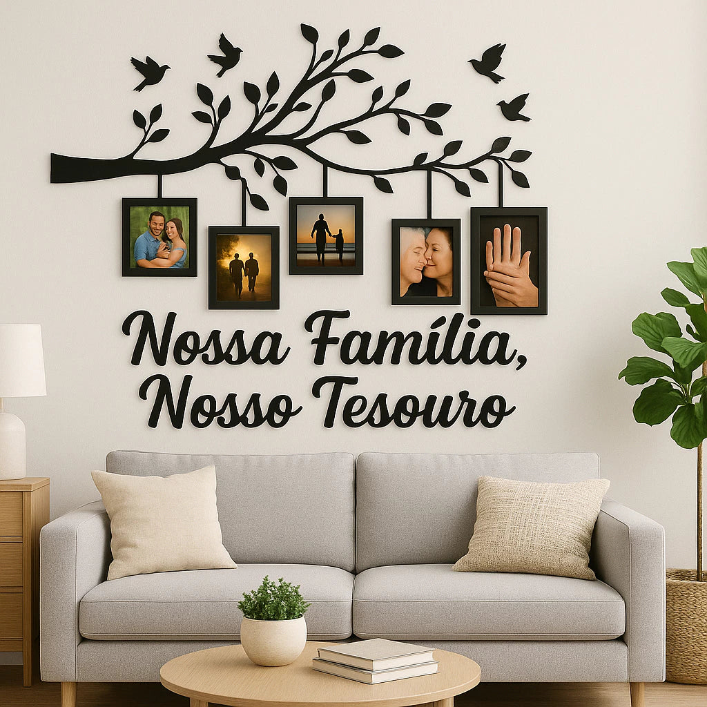 quadro família, quadro nossa família, árvore decorativa mdf, porta-retratos parede, quadro com molduras, decoração afetiva, quadro para sala, quadro 120x70, arte em mdf, decoração sentimental