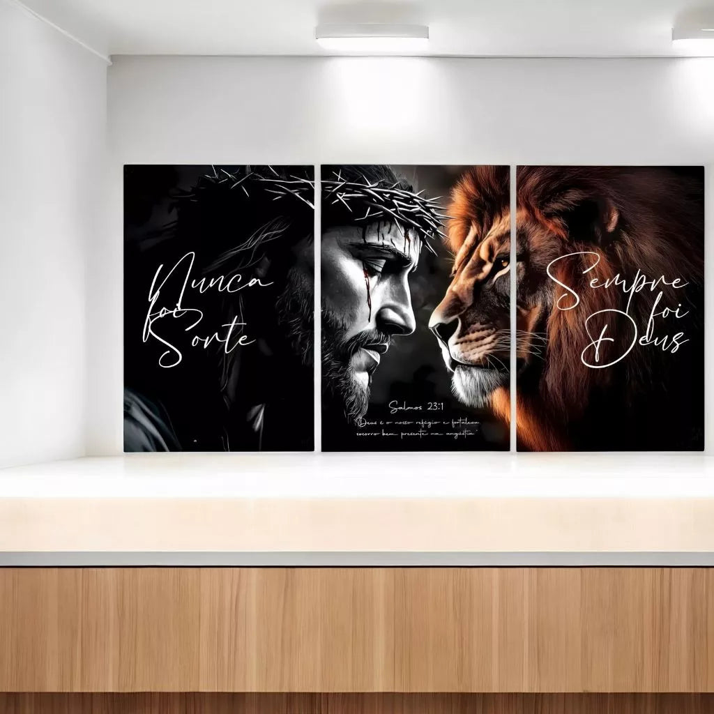 quadro salmo 23, quadro jesus, leão de judá, nunca foi sorte, sempre foi deus, quadros religiosos, kit 3 quadros, quadro 120x60, decoração espiritual, arte cristã