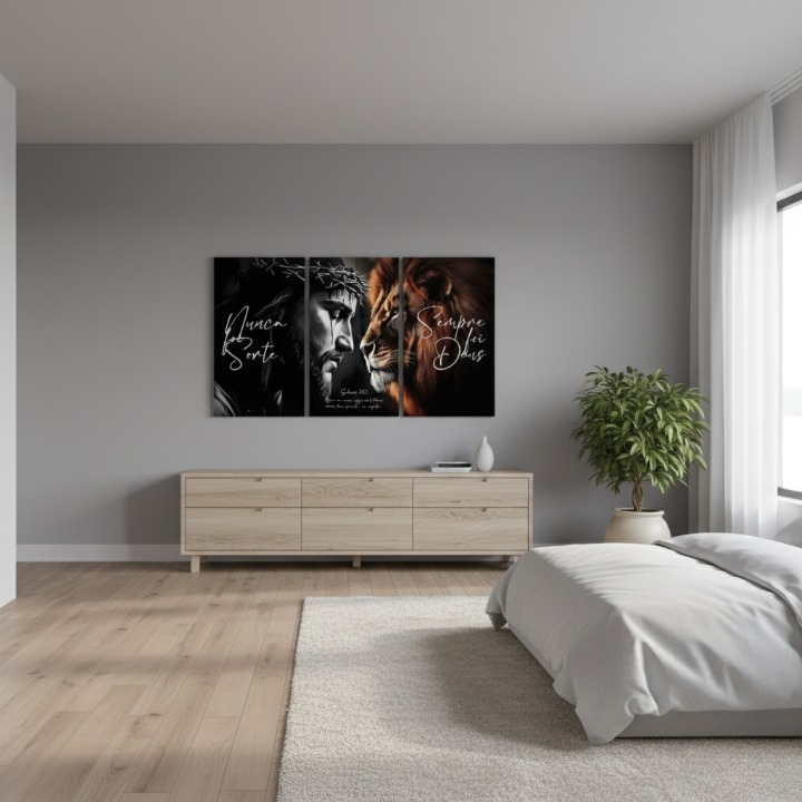 quadro salmo 23, quadro jesus, leão de judá, nunca foi sorte, sempre foi deus, quadros religiosos, kit 3 quadros, quadro 120x60, decoração espiritual, arte cristã