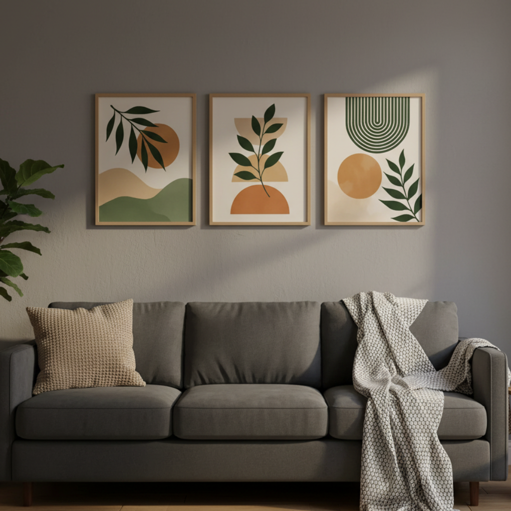 quadros boho, quadros abstratos, kit 3 quadros, decoração moderna, quadros verde nude, arte minimalista, decoração boho, quadros sala, quadros quarto, arte geométrica