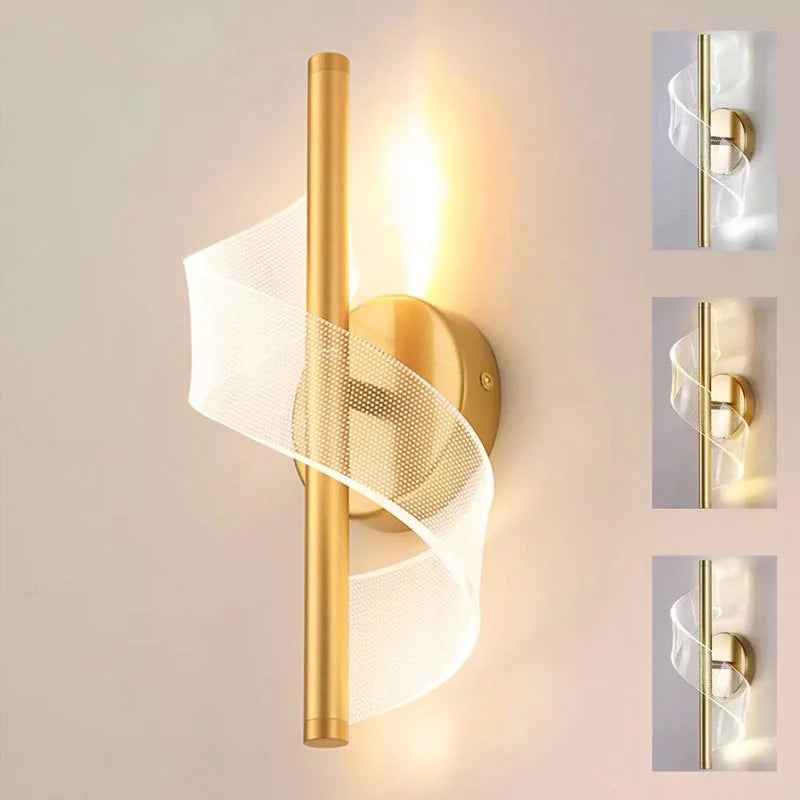 arandela led dourada, arandela espiral, luminária parede moderna, arandela nórdica, luz decorativa parede, arandela led 110 220v, arandela acrílico ondas, luminária dourada moderna, arandela para sala quarto, iluminação nórdica