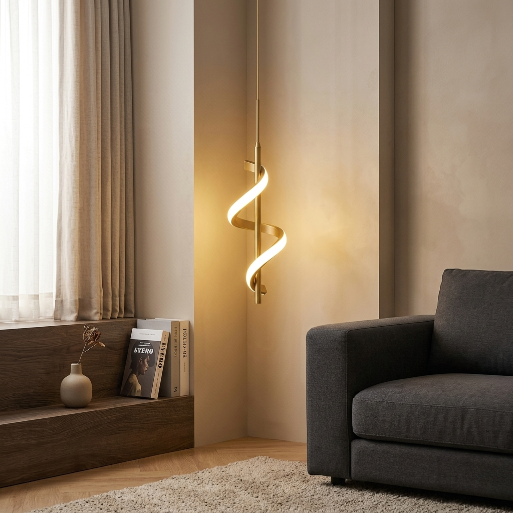 Pendente Minimalista Espiral Dourado – 3 Cores de Luz