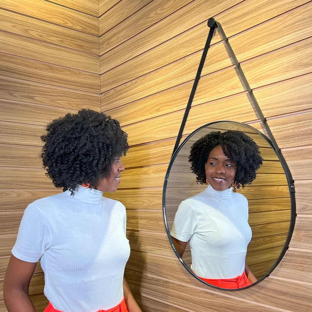 espelho adnet, espelho redondo, espelho com alça, espelho decorativo, espelho 40cm, espelho hall, espelho banheiro, espelho moderno, espelho couro, espelho parede