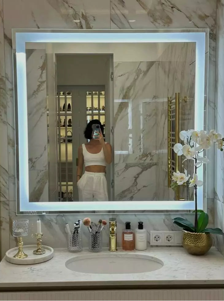 espelho led, espelho touch, espelho jateado, espelho quadrado, espelho 50x50, espelho iluminado, espelho banheiro, espelho maquiagem, espelho moderno, espelho decorativo