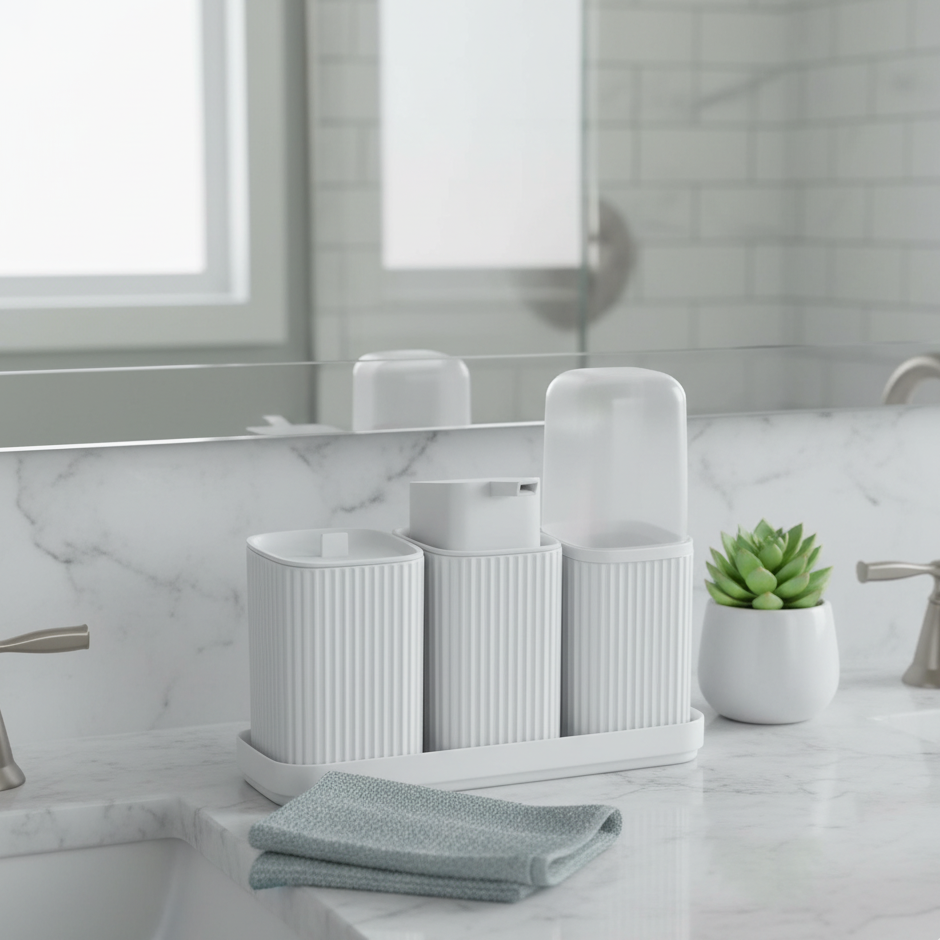 kit banheiro, kit banheiro 4 peças, conjunto banheiro, kit higiene banheiro, porta escova banheiro, saboneteira liquida banheiro, porta algodao banheiro, bandeja banheiro, organizador banheiro, acessorios para banheiro, kit banheiro plastico, kit lavabo, organizacao banheiro, banheiro moderno, kit banheiro usual
