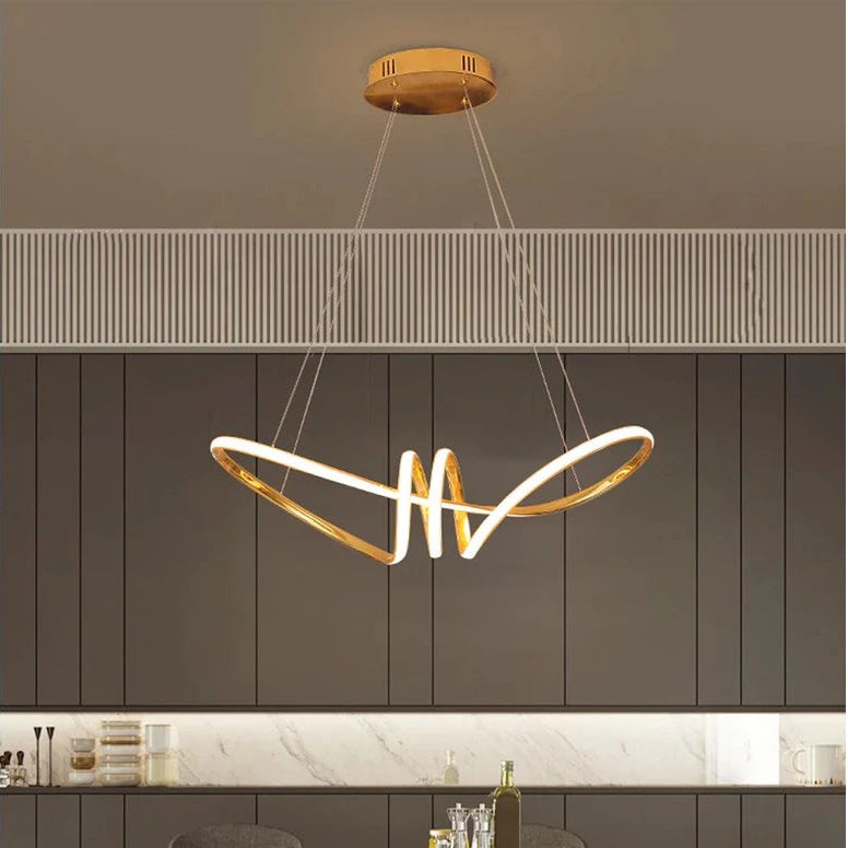 lustre moderno,pendente infinito,lustre led dourado,pendente decorativo,lustre nó dourado,luminária de teto moderna,pendente sala de jantar,lustre 3 cores