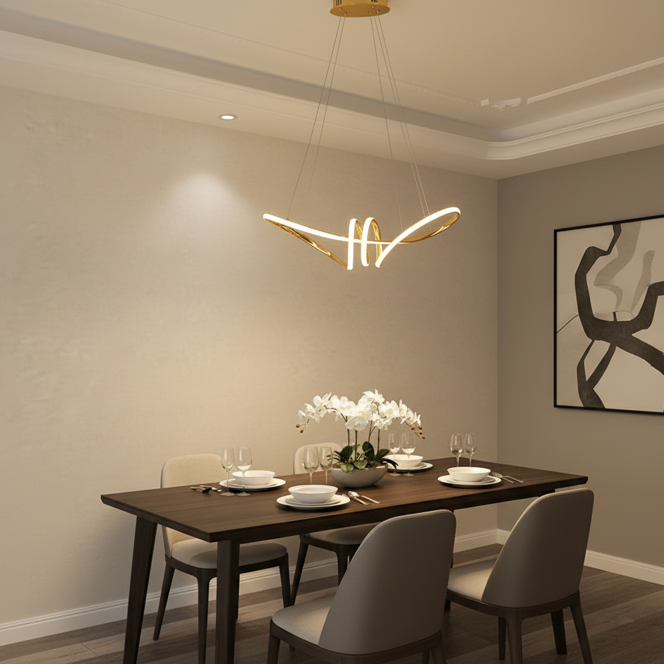 lustre moderno,pendente infinito,lustre led dourado,pendente decorativo,lustre nó dourado,luminária de teto moderna,pendente sala de jantar,lustre 3 cores