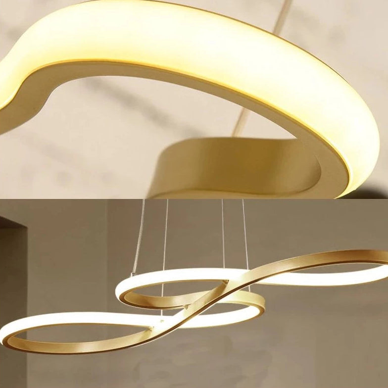 lustre infinito dourado,pendente infinito moderno,pendente led 3 cores,luminaire dourado moderno,pendente sala de jantar luxo,iluminação pendente moderno,led switch 3 em 1,pendente decorativo dourado,green age lustre,pendente alumínio dourado