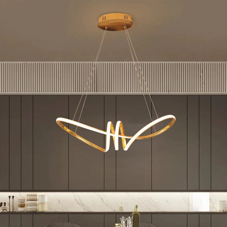 lustre pendente, lustre dourado, lustre infinito, pendente moderno, iluminação led, luminária de teto, lustre sala de jantar, pendente dourado led, iluminação moderna, luminária decorativa