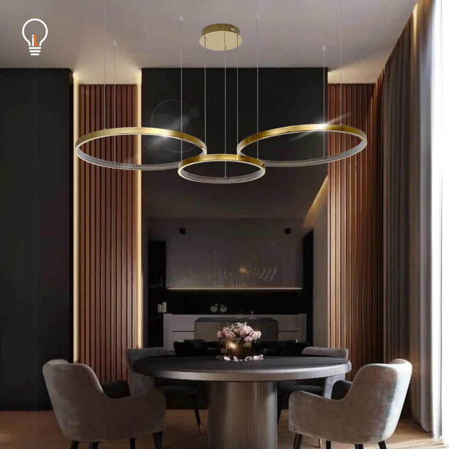 pendente 3 aros,pendente moderno,pendente luxo led,lustre contemporâneo,luminária pendente 60w,pendente mesa de jantar,aro duplo led dourado,decoração moderna iluminação