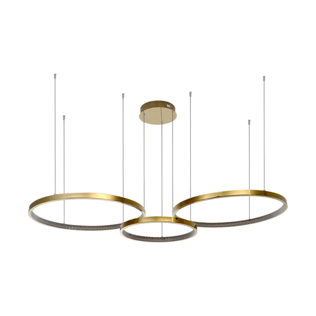 pendente 3 aros,pendente moderno,pendente luxo led,lustre contemporâneo,luminária pendente 60w,pendente mesa de jantar,aro duplo led dourado,decoração moderna iluminação