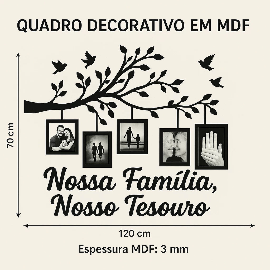 quadro família, quadro nossa família, árvore decorativa mdf, porta-retratos parede, quadro com molduras, decoração afetiva, quadro para sala, quadro 120x70, arte em mdf, decoração sentimental
