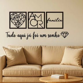 quadros família, quadros amor, decoração cabeceira, quadros geométricos, kit 3 quadros, decoração afetiva, quadro mdf preto, frase para parede, quadros sala moderna, decoração minimalista