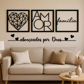quadros família, quadros amor, decoração cabeceira, quadros geométricos, kit 3 quadros, decoração afetiva, quadro mdf preto, frase para parede, quadros sala moderna, decoração minimalista