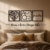quadros família, quadros amor, decoração cabeceira, quadros geométricos, kit 3 quadros, decoração afetiva, quadro mdf preto, frase para parede, quadros sala moderna, decoração minimalista