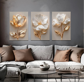 quadros flor dourada, quadros decorativos, kit 3 quadros, quadros sala moderna, quadros cozinha, quadros luxo dourado, decoração floral, quadros mdf, quadros parede elegante, arte decorativa