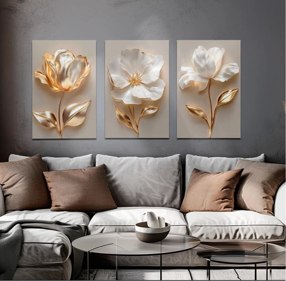 quadros flor dourada, quadros decorativos, kit 3 quadros, quadros sala moderna, quadros cozinha, quadros luxo dourado, decoração floral, quadros mdf, quadros parede elegante, arte decorativa