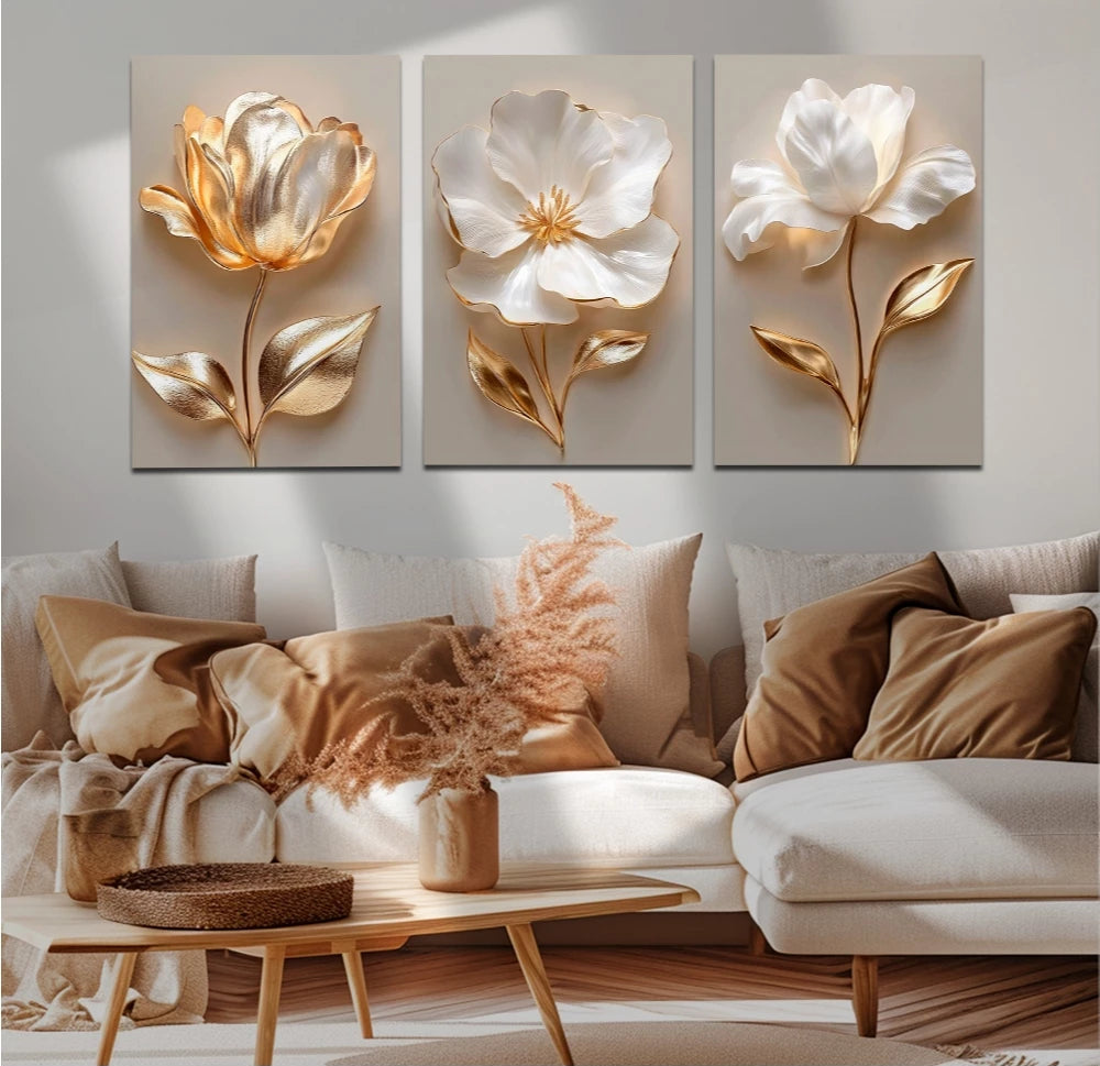 quadros flor dourada, quadros decorativos, kit 3 quadros, quadros sala moderna, quadros cozinha, quadros luxo dourado, decoração floral, quadros mdf, quadros parede elegante, arte decorativa