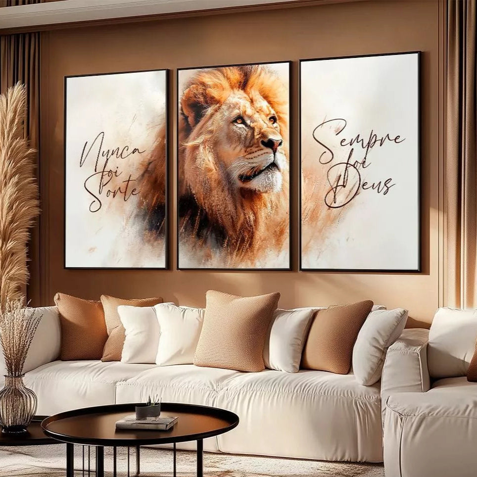 quadros decorativos, quadro leão, quadro religioso moderno, nunca foi sorte, sempre foi deus, quadros sala, quadros quarto, kit quadros 3 peças, decoração moderna, quadro mdf