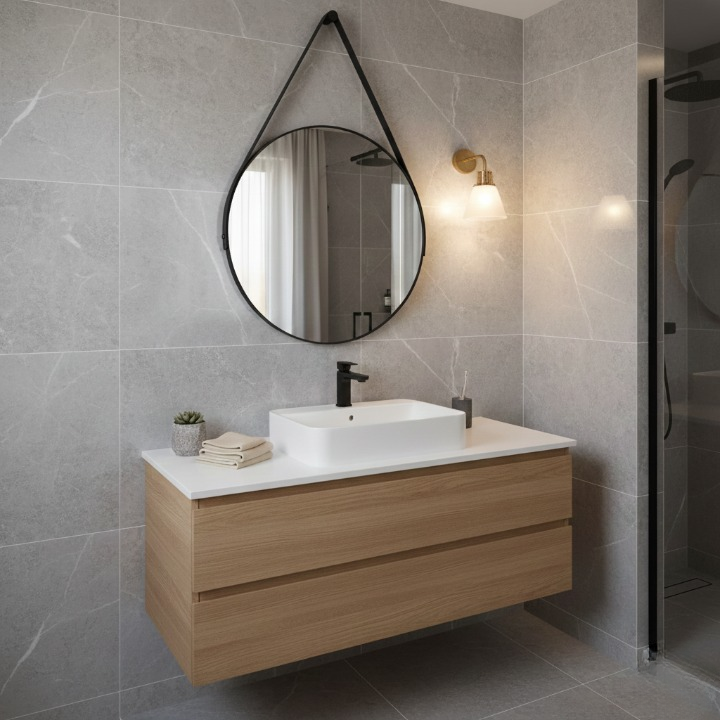 espelho adnet, espelho redondo, espelho com alça, espelho decorativo, espelho 40cm, espelho hall, espelho banheiro, espelho moderno, espelho couro, espelho parede