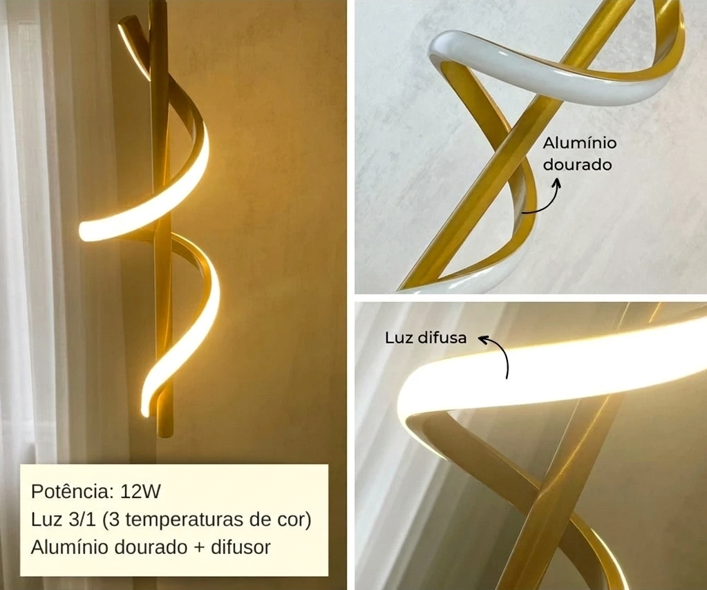 pendente espiral dourado,pendente minimalista,pendente led 3 cores,pendente moderno cabeceira,pendente lavabo,pendente decorativo led,pendente dourado moderno,iluminação minimalista,pendente para hall,pendente interno moderno