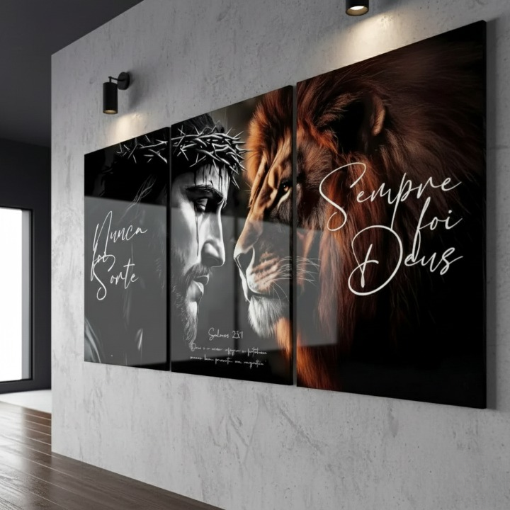 quadro salmo 23, quadro jesus, leão de judá, nunca foi sorte, sempre foi deus, quadros religiosos, kit 3 quadros, quadro 120x60, decoração espiritual, arte cristã