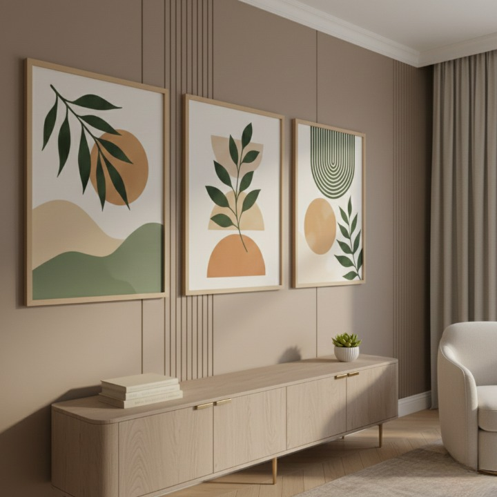 quadros boho, quadros abstratos, kit 3 quadros, decoração moderna, quadros verde nude, arte minimalista, decoração boho, quadros sala, quadros quarto, arte geométrica