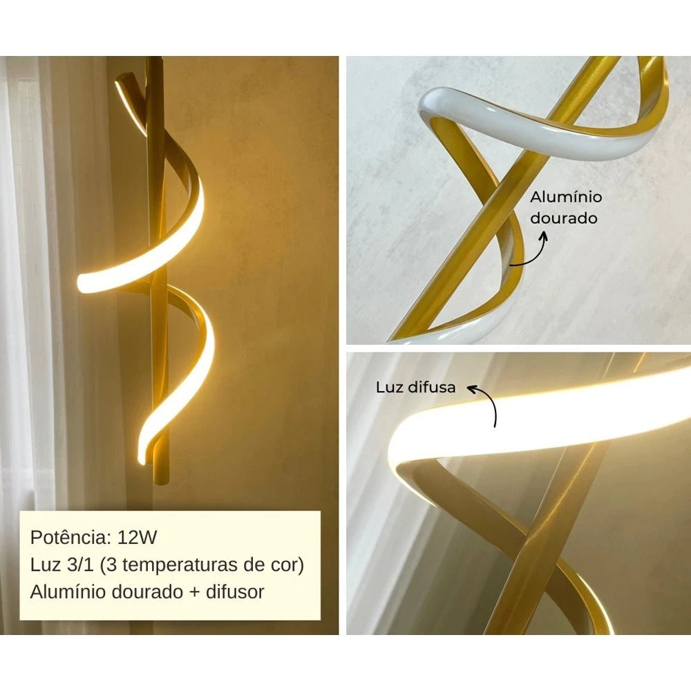 Pendente Minimalista Espiral Dourado – 3 Cores de Luz